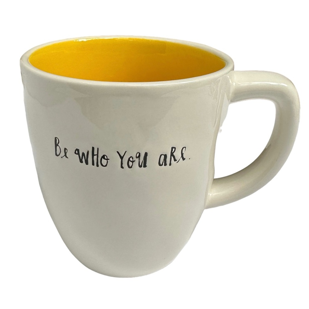 Rae Dunn Be WHo YoU aRe Mug Coffee Tea White with Yellow Interior Dimples 2017